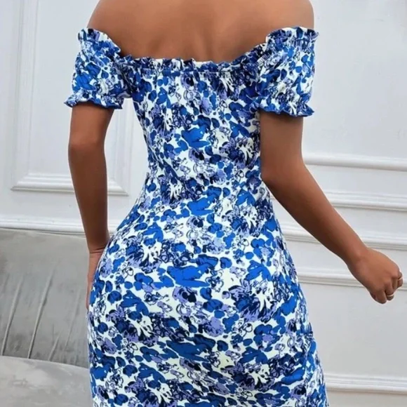 Boho Blue Floral Print Off Shoulder Bodycon Dress - Picture 6 of 11
